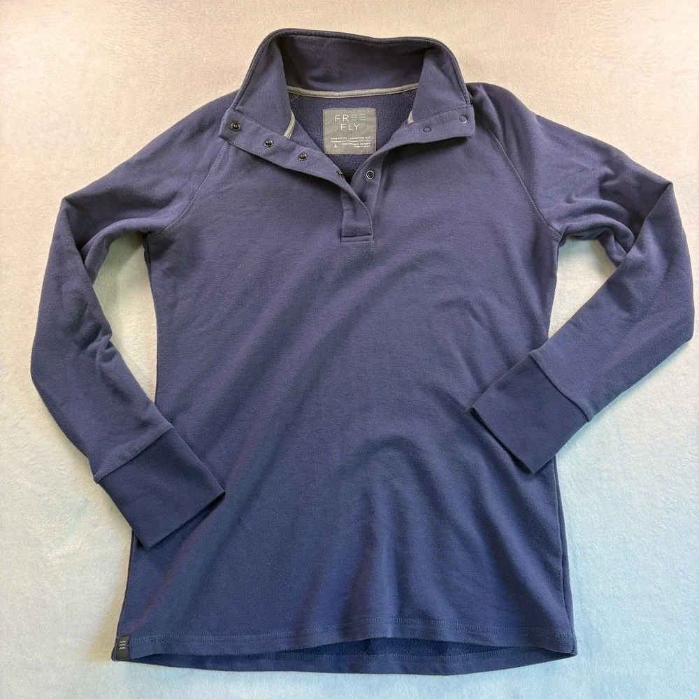 Free Fly Performance Bamboo Pullover Womens Large Blue Snap Collar Shirt